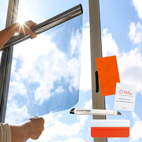 Solar Systems Fensterfolie Sonnenschutzfolie für Wärmeisolierung mit Montagekit - Anti-UV Solarfolie für den Außenbereich - Silber Spiegelfolie Selbstklebend - Hält die Wärme im Gebäude (152 x 300cm) von SOLAR SYSTEMS