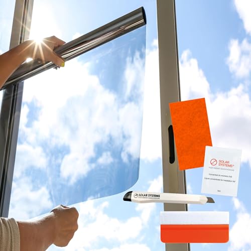 Solar Systems Fensterfolie Sonnenschutzfolie für Wärmeisolierung mit Montagekit - Anti-UV Solarfolie für Innen und Außen - Silber Spiegelfolie Selbstklebend - Hält die Wärme im Gebäude (50 x 100cm) von SOLAR SYSTEMS