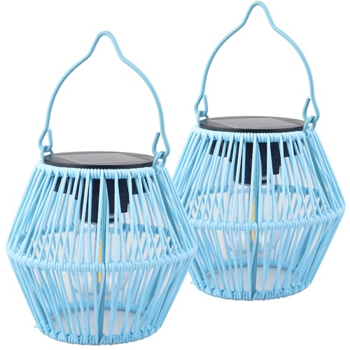Solarlampen für Draußen Hängend,2 Stück Solar Laternen für Außen Deko mit LED-Glühbirne,IP65 Wasserdicht Handgestrickte Hängend Laterne Solarleuchten für Rasen Terrasse Balkon Garten Deko-Blau von SOLARBABY