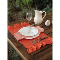 Rustikales Orangefarbenes Leinen-Tischset Mit Rüschen in Verschiedenen Farben, Wasserdichte Tischsets, Orangefarbene Handgefertigte Geschenke von SOLEBOHO