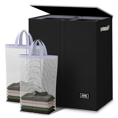 SOLEDI 145L Wäschekorb, Wäschesammler 2 fächer mit Deckel und 2 Wäschesack - Wäschesortierer Groß XXXL Für Badezimmer, Schlafzimmer, Wäschekammer, Kinderzimmer - 2 x 72.5L Schwarz von SOLEDI