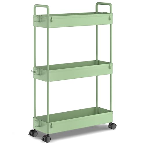SOLEJAZZ 3-Tier Storage Trolley Cart Slide-Out Slim Rolling Utility Cart Mobile Storage Shelving Organizer für Küche, Bad, Waschküche, Schlafzimmer, schmale Orte, Kunststoff, Grün von SOLEJAZZ