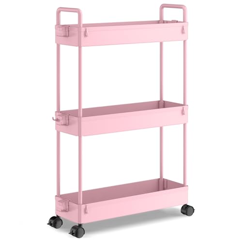 SOLEJAZZ 3-Tier Storage Trolley Cart Slide-Out Slim Rolling Utility Cart Mobile Storage Shelving Organizer für Küche, Bad, Waschküche, Schlafzimmer, schmale Orte, Kunststoff, Rosa SOLEJAZZ 3-Tier Storage Trolley Cart Slide-Out Slim Rolling Utility Cart Mobile Storage Shelving Organizer für Küche, Bad, Waschküche, Schlafzimmer, schmale Orte, Kunststoff, Rosa von SOLEJAZZ