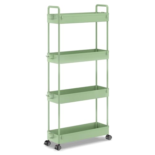 SOLEJAZZ 4-Tier Storage Trolley Cart Slide-Out Slim Rolling Utility Cart Mobile Storage Shelving Organizer für Küche, Bad, Waschküche, Schlafzimmer, schmale Orte, Kunststoff, Grün von SOLEJAZZ
