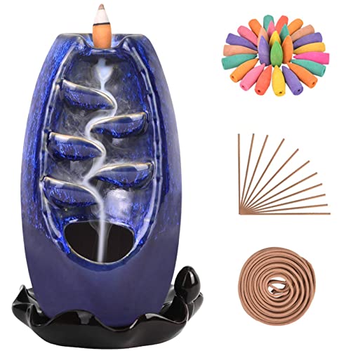 SOLEJAZZ Rückfluss Weihrauchbrenner Wasserfall Keramik Weihrauchhalter mit 120 Weihrauchkegeln + 30 Weihrauchstäbchen für Home Office Yoga Aromatcherapy Ornamen,Marine von SOLEJAZZ