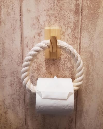 SOLENZO - Toilettenpapierhalter, weißes Seil und Holz – Halterung für Toilettenpapier zur Wandmontage – Handtuchhalter – Befestigung mit Klebstoff von SOLENZO