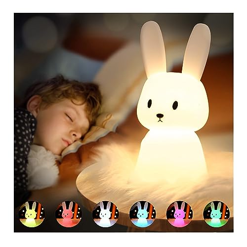 SOLIDEE Bunny Silikon Nachtlicht Kinder USB-Aufladung Nachttischlampe mit 7 Lichtwechsel & Tap Control & Timing Funktion 1200mAh Kinderzimmer Deko Geschenke Spielzeug Schlaflichter Nachtlicht Baby von SOLIDEE