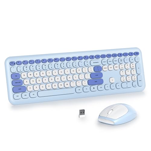 SOLIDEE Buntes kabellose Tastatur und Maus-Kombination,2.4GHz Retro Schreibmaschine Tastatur,104 Tasten in voller mit Ziffernblock,Leise membran Tastatur(Amerikanisch QWERTY)(Pro Blue) von SOLIDEE