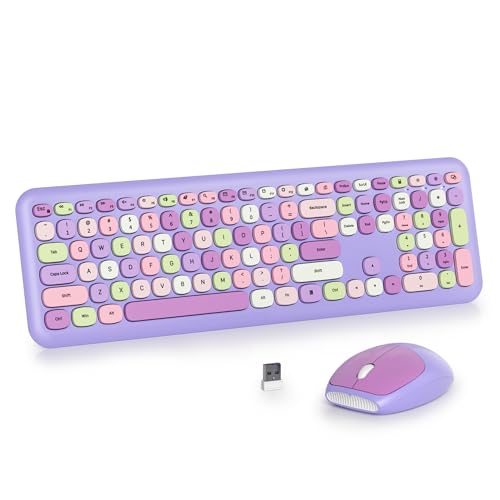 SOLIDEE Buntes kabellose Tastatur und Maus-Kombination,2.4GHz Retro Schreibmaschine Tastatur,104 Tasten in voller mit Ziffernblock,Leise membran Tastatur(Amerikanisch QWERTY)(Purple) von SOLIDEE