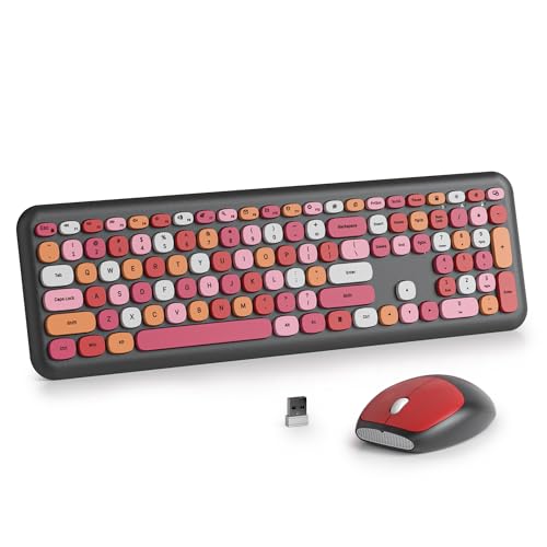 SOLIDEE Buntes kabellose Tastatur und Maus-Kombination,2.4GHz Retro Schreibmaschine Tastatur,104 Tasten in voller mit Ziffernblock,Leise membran Tastatur(Amerikanisch QWERTY)(Red) von SOLIDEE