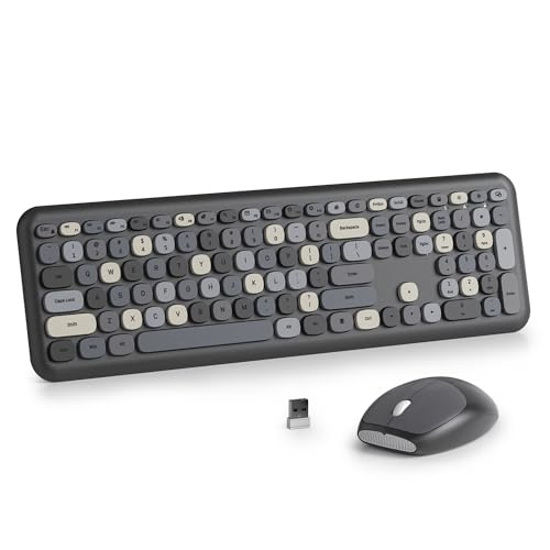 SOLIDEE Kabellose Tastatur und Maus Set,2.4GHz Retro Schreibmaschine Tastatur mit 104 Tasten und Ziffernblock,Leise Membran Tastatur mit Bunten Runden Tasten,Plug&Play(Amerikanisch QWERTY)(Black Grey) von SOLIDEE