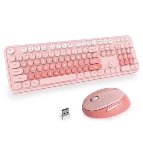 SOLIDEE Kabellose Tastatur und Maus-Kombination, Schreibmaschinen-Tastatur Mit Ziffernblock, 2.4GHz Runde Tastenkappe, 104 Tasten Ergonomisch (Amerikanisch QWERTY) (Pink Gradient) von SOLIDEE