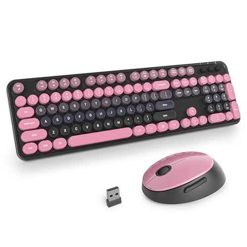 SOLIDEE kabellose Tastatur- und Maus-Kombination,Retro-Schreibmaschinen-Tastatur,2.4GHz runde Tastenkappe mit Ziffernblock,104 Tasten ergonomische(Amerikanisch QWERTY)(BerryPink Gradient) von SOLIDEE