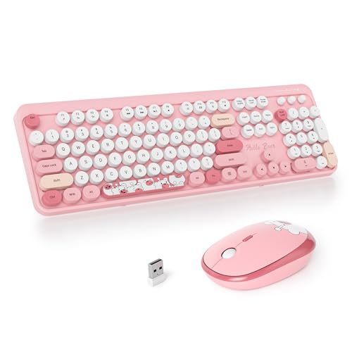 SOLIDEE kabellose Tastatur- und Maus-Kombination,Retro-Schreibmaschinen-Tastatur,2.4GHz runde Tastenkappe Tastatur mit Ziffernblock,104 Tasten ergonomische Tastatur(Amerikanisch QWERTY)(Bear Pink) von SOLIDEE