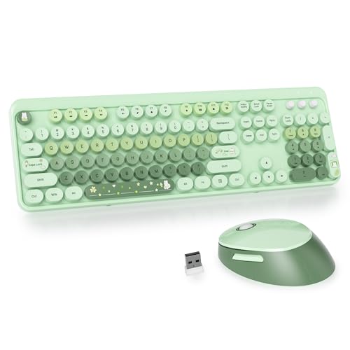 SOLIDEE kabellose Tastatur- und Maus-Kombination,Retro-Schreibmaschinen-Tastatur,2.4GHz runde Tastenkappe Tastatur mit Ziffernblock,104 Tasten ergonomische Tastatur(Amerikanisch QWERTY)(Mixed Green) von SOLIDEE