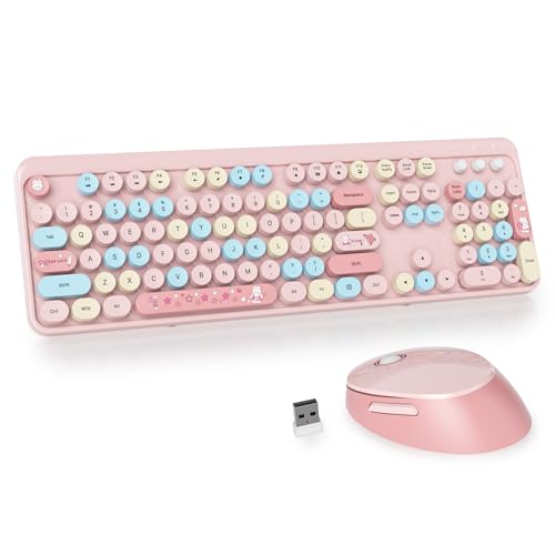 SOLIDEE kabellose Tastatur- und Maus-Kombination,Retro-Schreibmaschinen-Tastatur,2.4GHz runde Tastenkappe Tastatur mit Ziffernblock,104 Tasten ergonomische Tastatur(Amerikanisch QWERTY)(Mixed Pink) von SOLIDEE