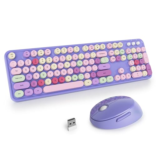 SOLIDEE Kabellose Tastatur- und Maus-Kombination, Retro-Schreibmaschinen-Design, 2.4GHz Runde Tastenkappe Mit Ziffernblock, 104 Tasten Ergonomisch (Amerikanisch QWERTY) (Mixed Purple) von SOLIDEE