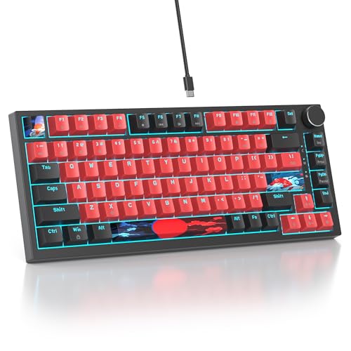 SOLIDEE Verkabelte 75% Mechanische Gaming-Tastatur,hot-swap-fähige Mechanische Tastatur mit Gasket Struktur,RGB-Hintergrundbeleuchtung,82 Tasten Kompakt TKL Tastatur mit Drehknopf(82 Black Red) von SOLIDEE