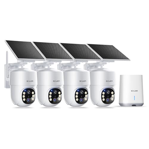 SOLIOM Überwachungskamera Aussen Solar 4er Set, 5MP Solar Kamera WLAN Outdoor mit 3K Nachtvision in Farbe, 5G/2.4G Außenkamera, 360°Automatische, Pan-Tilt-Funktion, Ohne Monatliche Gebühren von SOLIOM