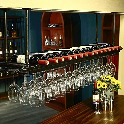 Hängendes Weinglasregal, Hängeregal, Deckenmontage, Weinglashalter, Weinflaschenhalter, Loft-Schmiedeeisen, Hängehöhe 30–60, kann teleskopisch angepasst werden, Weinglas (schwarz B 120 x 30 cm) von SOLIQINGWANG