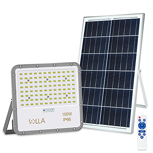 SOLLA 100W 6000K Solar Flutlichter, Superhell Solar Sicherheitsleuchten Outdoor IP66 Wasserdicht mit Fernbedienung, Dämmerung bis Morgengrauen Sensor, 500CM Kabel Solarleuchten für Scheune, Hof, Weg von SOLLA