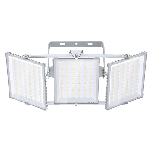 SOLLA 600W 2025 Plus Neue Aufrüstung LED Außenflutlicht, 60000LM 6000K Tageslichtweiß IP66 Wasserdicht, Stadionbeleuchtung, 3 Köpfe Verstellbares Außen-Sicherheitsbeleuchtung für Höfe, Terrassen-Grau von SOLLA