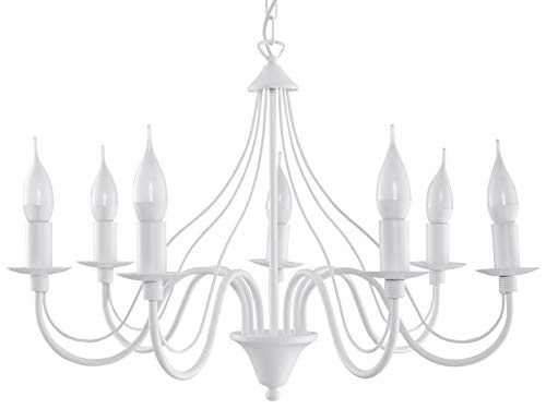 SOLLUX lighting Minerwa Kronleuchter Chandelier Candlestick - Deckenlampe Hängend - Hängelampe Wohnzimmer Esstisch Lampe Schlafzimmer - Pendelleuchte 7 x 40 W Stahl 60 x 60 x 80 cm Weiß 7 Flammen von SOLLUX lighting