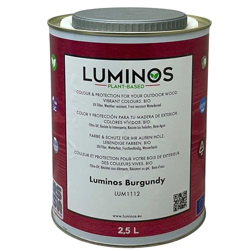 Luminos LUM1112 - BURGUNDY - Biopolymer-Lasur auf Wasserbasis. Verwendung für Holz im Außenbereich - Wine Burgundy 2.5L von SOLRAC COATINGS