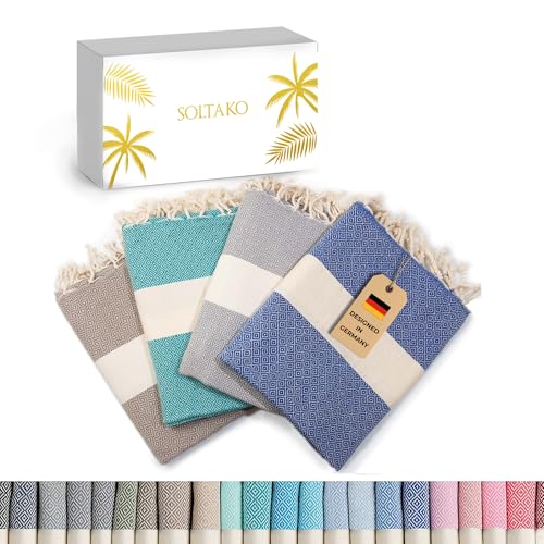 SOLTAKO Fouta Diamant Premium, 4er Set, Platinuim-Grau/Taupe/Königblau/Jade, 100/200cm von SOLTAKO