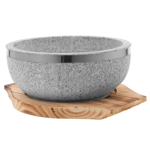 SOLUSTRE 1 Satz Steintopf Bibimbap Schüssel mit Holzunterlage Hochtemperaturbeständig für Koreanische Vielseitige Servierschüssel für Reis und Suppen Langlebiges Naturmaterial von SOLUSTRE