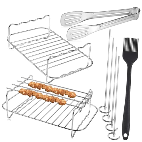 SOLUSTRE 12 Stück Teiliges Airfryer Zubehör mit Edelstahl Rosten Grillspießen Silikonpinsel und Edelstahlzange Spülmaschinenfest Geeignet für Heißluftfritteuse Backofen und Mikrowellenofen von SOLUSTRE