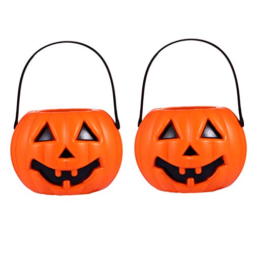 SOLUSTRE 2 Stück LED Halloween Kürbis Eimer Hand Jackolantern Flackernde Lichtlampe Tragbare Süßigkeiten Eimer Tisch Herzstück für Home Desk Garten Party Dekor von SOLUSTRE