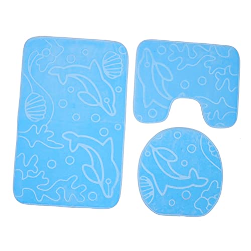 SOLUSTRE 3 Stück Teiliges Cartoon Badezimmer Set rutschfeste Absorbierende Badematte mit Toilettensitzbezug Flanell Bodenmatte Blau mit Delfin für Sicheres und Bequemes Stehen von SOLUSTRE
