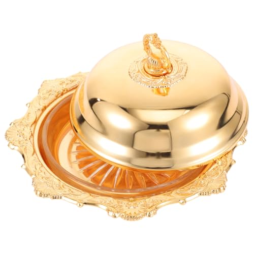 SOLUSTRE Goldene Butterdose mit Deckel Rundes Kleines Serviertablett aus Metall Dekorative Butterplatte für Snacks Obst und Desserts Vielseitig für Partys und Zuhause Geeignet von SOLUSTRE