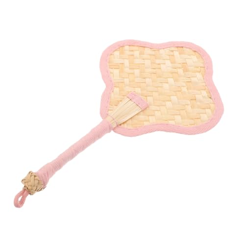 SOLUSTRE Handgefertigter Vierblättriger Strohfächer Mini Tragbar Natürlicher Kühlungseffekt Robustes Webdesign für Babyspiel Strandhochzeiten Boho-events Zartes Rosa von SOLUSTRE