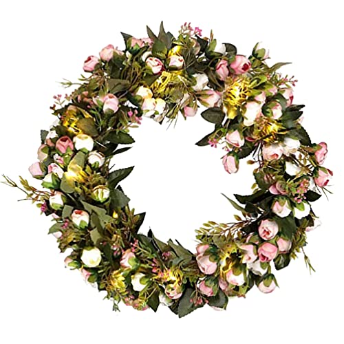 SOLUSTRE Wohnkultur Blumenkranz LED- Leuchten Frühlingskranz Rose Blumenfronttürdekoration für Home Zimmer Garten Lintel Valentines Tag Weihnachtsfeier (15. 7 Zoll Rosa Rose) von SOLUSTRE