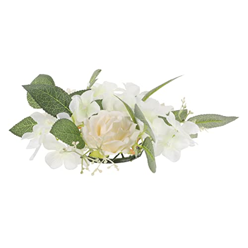 SOLUSTRE Künstlicher Rosen Kerzenkranz mit Grünen Blättern Kleiner Weißer Blumenkranz Realistischer Fake Blumenkranz für Hochzeit Valentinstag Tisch und Festtagsdekoration von SOLUSTRE