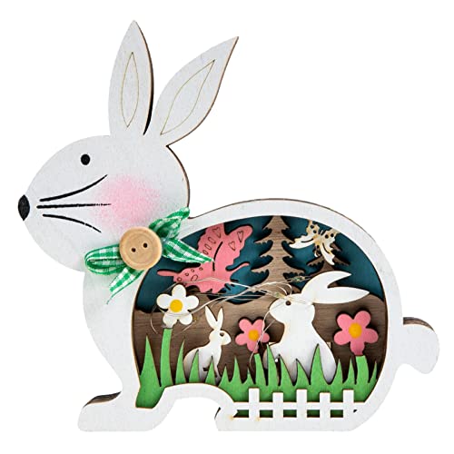 SOLUSTRE Osterhase Figur Hase Kaninchen Skulptur mit LED Beleuchtung Holz Aufsteller Schriftzug Osterdeko Dekofigur Tischdeko Ornament für Ostern Party Zuhause Wohnzimmer Dekoration Frühlingsdeko von SOLUSTRE