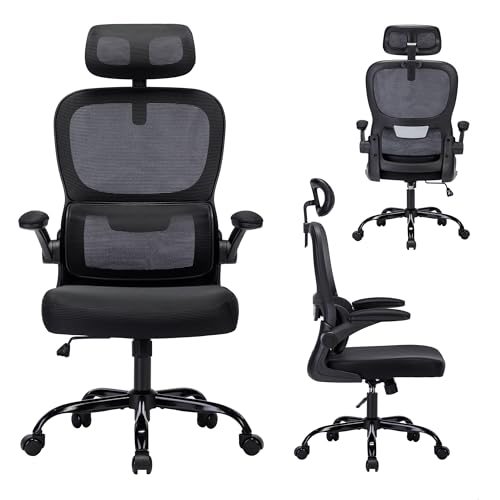 SOMEET Ergonomischer Bürostuhl Home Office Schreibtischstuhl mit Lendenwirbelstütze Hohe Rückenlehne Mesh Bürostuhl Computer Schreibtischstuhl, Verstellbare Kopfstütze & Klappbare Armlehne, Schwarz von SOMEET