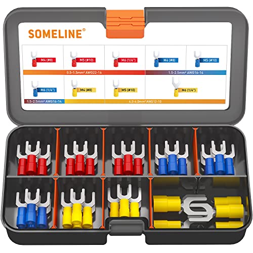SOMELINE Gabelkabelschuhe 0,5-6,0 mm² Gabelschuhe Set Rotes Blaues Gelbes Loch Ø M4 M5 M6 Kabelschuhe Teillisoliert Kabel-Verbinder aus Kupfer verzinnt 9 Größe 75 Stück Kabelschuhe Set von SOMELINE