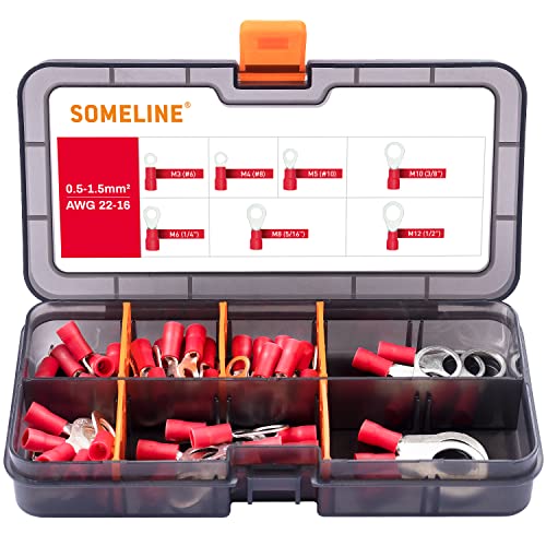 SOMELINE Ringkabelschuhe 0,34-1.5 mm² Kabelschuhe Set Rotes Loch Ø M3 M4 M5 M6 M8 M10 M12 Quetschverbinder Teillisoliert PVC Kabel-Verbinder aus Kupfer verzinnt Ring Kabelschuhe 7 Größe 60 Stück von SOMELINE