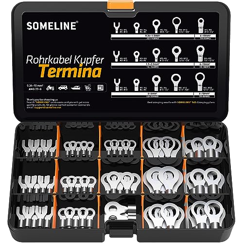 SOMELINE® DIN-Serie Ringkabelschuh Set - Quetschkabelschuhe - unisoliert für Kabel 0,34-10mm² - M3 M4 M5 M6 M8 M10 - Kabelösen - Rohrkabelschuhe - Ringkabelschuhe - geeignet für 16S Crimpzange von SOMELINE