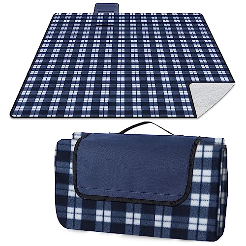 SOMLAW Picknickdecke 200x200 cm, Picknickdecke XXL mit Tragegriff, Picknick Decke Wasserdicht & Isolierte Unterseite, Picknickdecke Waschbar Picnic Blanket für 4-6 Personen (Blau Kariert) von SOMLAW
