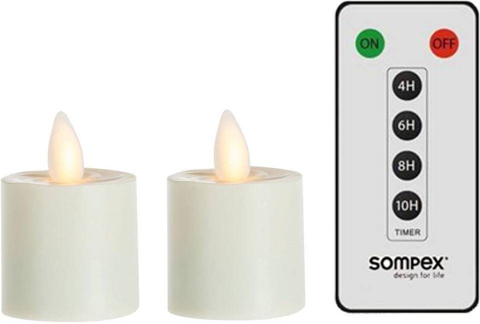 SOMPEX LED-Kerze 2er Set Sompex Flame LED Teelicht (Set, 3-tlg., 2 Teelichter, Höhe 3,1cm, Durchmesser 3,6cm, 1 Fernbedienung), mit Timer, Echtwachs, täuschend echtes Kerzenlicht von SOMPEX