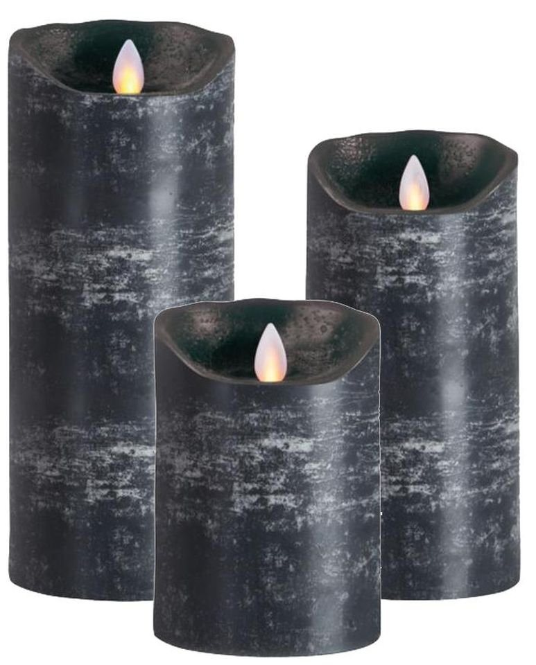 SOMPEX LED-Kerze 3er Set Flame LED Kerzen anthrazit 12,5/18/23cm (Set, 3-tlg., 3 Kerzen, Höhe 12,5/18/23cm (je 8cm Durchmesser), mit Timer, Echtwachs, täuschend echtes Kerzenlicht von SOMPEX