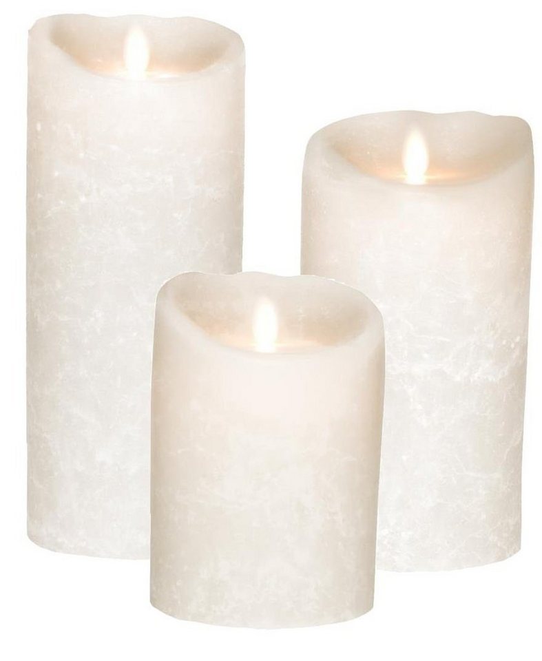 SOMPEX LED-Kerze 3er Set Flame LED Kerzen weiß Frost 12,5/18/23cm (Set, 3-tlg., 3 Kerzen, Höhe 12,5/18/23cm (je 8cm Durchmesser), mit Timer, Echtwachs, täuschend echtes Kerzenlicht von SOMPEX