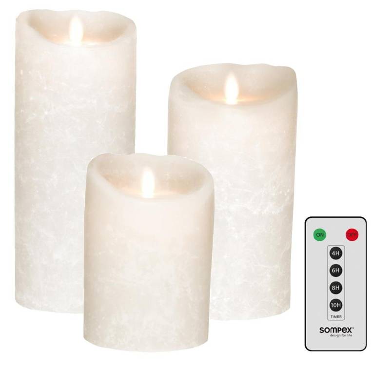 SOMPEX LED-Kerze 3er Set Flame LED Kerzen weiß Frost 12,5/18/23cm (Set, 4-tlg., 3 Kerzen, Höhe 12,5/18/23cm (je 8cm Durchmesser), 1 Fernbedienung), mit Timer, Echtwachs, täuschend echtes Kerzenlicht von SOMPEX