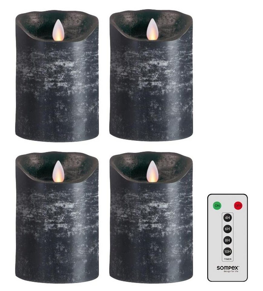 SOMPEX LED-Kerze 4er Set Flame LED Kerzen anthrazit 12,5cm (Set, 5-tlg., 4 Kerzen, Höhe 12,5cm, Durchmesser 8cm, 1 Fernbedienung), mit Timer, Echtwachs, täuschend echtes Kerzenlicht von SOMPEX