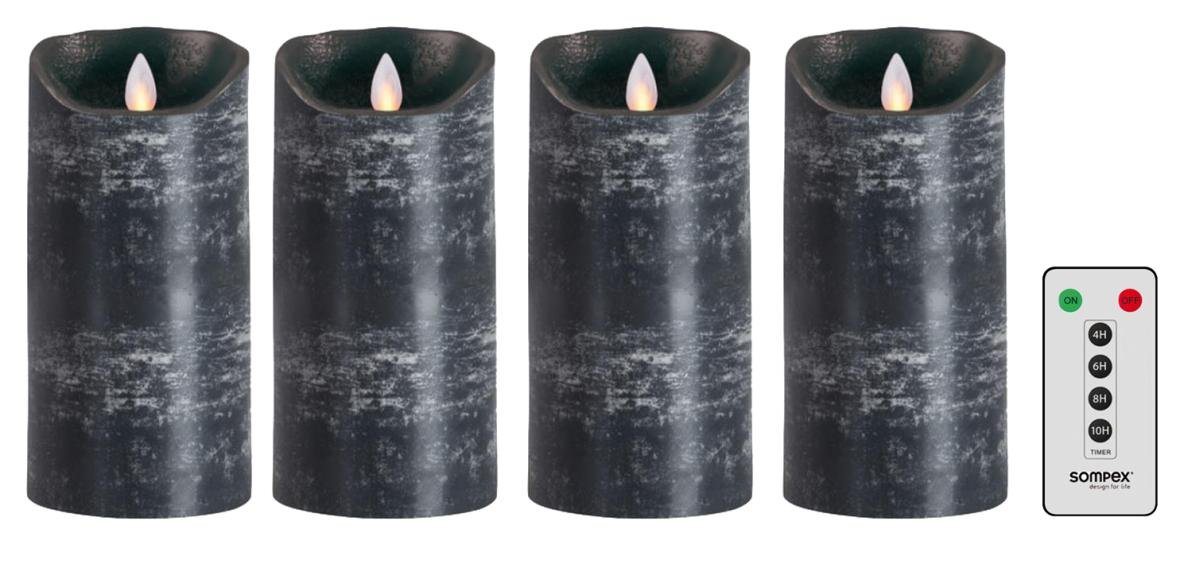 SOMPEX LED-Kerze 4er Set Flame LED Kerzen anthrazit 18cm (Set, 5-tlg., 4 Kerzen, Höhe 18cm, Durchmesser 8cm, 1 Fernbedienung), mit Timer, Echtwachs, täuschend echtes Kerzenlicht von SOMPEX