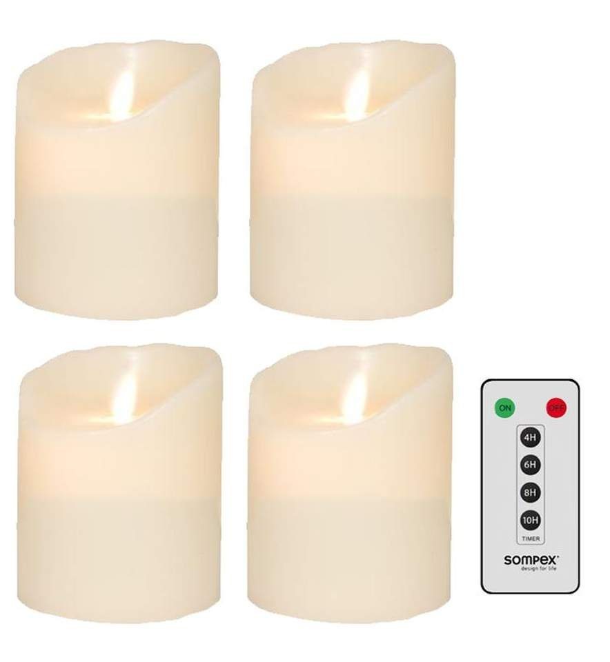 SOMPEX LED-Kerze 4er Set Flame LED Kerzen elfenbein 10cm (Set, 5-tlg., 4 Kerzen, Höhe 10cm, Durchmesser 8cm, 1 Fernbedienung), mit Timer, Echtwachs, täuschend echtes Kerzenlicht von SOMPEX